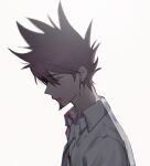  1boy bangs blood blood_from_mouth collared_shirt danganronpa_(series) danganronpa_v3:_killing_harmony from_side hair_between_eyes hoejang_huijang male_focus medium_hair momota_kaito parted_lips pink_blood print_shirt profile shirt simple_background solo spiked_hair upper_body white_background white_shirt 