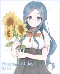  1girl bangs blue_eyes blue_hair closed_mouth commentary_request danganronpa_(series) danganronpa_v3:_killing_harmony dated flower glasses happy_birthday highres holding holding_flower jacket long_hair long_sleeves looking_at_viewer parted_bangs puffy_short_sleeves puffy_sleeves raimone_(nekokirinv3) ribbon shirogane_tsumugi shirt short_sleeves simple_background skirt smile solo striped sunflower white_background white_shirt 