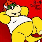  1:1 8-4 anthro barefoot bottomless bowser bowser_day brown_eyes clothed clothing english_text feet green_body green_skin hands_behind_back male mario_bros nintendo nishi_oxnard overweight overweight_male red_background shirt simple_background solo tan_body tan_skin tank_top teeth_showing text topwear underwear video_games white_clothing white_shirt white_topwear yellow_body yellow_skin 