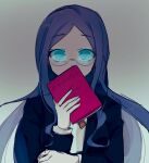  1girl bangs blazer blue_jacket book commentary_request covering_mouth danganronpa_(series) danganronpa_v3:_killing_harmony eyebrows_visible_through_hair glasses glowing glowing_eyes green_eyes grey_background hands_up highres holding holding_book jacket long_hair long_sleeves looking_at_viewer open_book open_clothes open_jacket parted_bangs raimone_(nekokirinv3) school_uniform shirogane_tsumugi shirt simple_background solo staring translation_request upper_body 