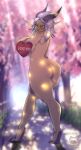  &lt;3 absurd_res big_breasts big_butt breasts butt detailed_background english_text female hair hi_res horn horned_humanoid humanoid nude outside solo text tutifruti_(artist) yellow_eyes 