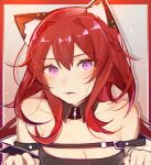  1girl absurdres animal_ear_fluff animal_ears arknights bangs bare_shoulders black_dress blush cat_ears commentary dress hair_between_eyes highres kemonomimi_mode long_hair looking_at_viewer purple_eyes red_hair solo strap_slip surtr_(arknights) tianqing_mw upper_body 