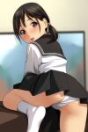  1girl absurdres ass bangs black_hair black_sailor_collar black_skirt blurry blurry_background blush brown_eyes depth_of_field eyebrows_visible_through_hair flat_screen_tv from_behind highres looking_at_viewer looking_back low_ponytail matsunaga_kouyou no_shoes nose_blush open_mouth original panties pleated_skirt ponytail sailor_collar school_uniform serafuku shirt skirt socks soles solo television underwear upper_teeth white_legwear white_panties white_shirt 