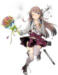  1girl aqua_neckwear blue_eyes boots bouquet brown_hair closed_mouth collared_shirt cross-laced_footwear flower fujikawa full_body grey_legwear holding holding_bouquet kantai_collection kazagumo_(kancolle) lace-up_boots long_hair machinery necktie official_art one_eye_closed orange_flower purple_flower purple_skirt purple_vest remodel_(kantai_collection) rigging shirt skirt solo thighhighs torn_clothes torn_legwear torn_shirt torn_skirt torn_vest torpedo torpedo_launcher torpedo_tubes transparent_background vest white_shirt 