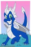  2:3 blue_body blue_scales dragon feral fuf gradient_background grass green_eyes grin hi_res horn male plant scales simple_background smile solo wings 