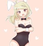  1girl absurdres ahoge akamatsu_kaede animal_ears bangs bare_arms bare_shoulders black_leotard black_neckwear blonde_hair blush bow bowtie breasts bunny_ears bunny_girl cleavage collarbone commentary_request covered_navel cowboy_shot crossed_arms danganronpa_(series) danganronpa_v3:_killing_harmony detached_collar eyebrows_visible_through_hair fake_animal_ears groin hair_ornament heart highres leotard long_hair looking_at_viewer medium_breasts open_mouth outline pink_background playboy_bunny raimone_(nekokirinv3) solo standing strapless strapless_leotard sweatdrop upper_teeth white_outline wrist_cuffs 