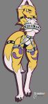  absurd_res anthro arashidrgn black_sclera blue_eyes breasts canid canine clothed clothing digimon digimon_(species) female fox fur hi_res mammal meme meme_clothing renamon solo topwear white_body white_fur yellow_body yellow_fur 