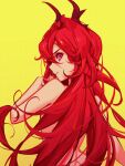  arknights back bare_shoulders demon_girl demon_horns from_side highres horns long_hair looking_at_viewer nude red_hair slit_pupils solo surtr_(arknights) thedistantdawn very_long_hair yellow_background 