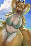  anthro big_breasts bikini breasts canid canine cleavage clothed clothing female fox hands_behind_head huge_breasts kemono looking_at_viewer mammal nukochi side-tie_bikini solo swimwear thick_thighs water wide_hips 