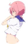  1girl ahoge ass blush bottomless eyebrows_visible_through_hair highres looking_at_viewer looking_back mel_(melty_pot) no_panties nonohara_yuzuko open_mouth pink_eyes pink_hair school_uniform school_uniform_(yuyushiki) shiny shiny_hair shiny_skin short_hair simple_background solo upper_body white_background yuyushiki 