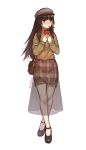  1girl alternate_costume bag bangs blush box breasts brown_eyes brown_footwear brown_hair brown_hat brown_sweater crossed_legs danielle_brindle embarrassed eyebrows_visible_through_hair food food_in_mouth full_body girls_frontline green_hair green_nails hair_between_eyes handbag hat highres holding holding_box holding_food jewelry legs_crossed long_hair long_skirt looking_away m4a1_(girls_frontline) mary_janes medium_breasts mouth_hold multicolored_hair nail_polish pocky pocky_kiss ribbed_sweater ring see-through shared_food shoes sidelocks skirt skirt_under_skirt solo standing streaked_hair sweater twitter_username watson_cross white_background white_legwear 