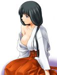  artist_request breasts cleavage copyright_request empty_eyes exif_thumbnail_surprise hakama japanese_clothes long_sleeves medium_breasts miko no_bra red_hakama solo 