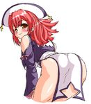  ;) artist_request ass bangs bent_over blush brown_eyes cowboy_shot cross from_behind hat la_pucelle long_hair long_sleeves looking_back mole mole_under_eye no_legwear one_eye_closed prier red_hair simple_background smile solo thighs white_background 