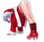  ass ayanami_rei bent_over blue_hair blush boots buckle christmas high_heel_boots high_heels jpeg_artifacts long_sleeves neon_genesis_evangelion panties red_eyes santa_costume shibata_masahiro shoes short_hair solo top-down_bottom-up underwear white_panties 