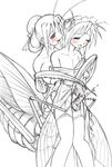  1girl antennae artist_request blush breasts bun_cover carapace copyright_request cum ejaculation footjob garter_belt greyscale hair_bun hetero insect_boy insect_girl large_breasts lingerie maid monochrome monster_boy monster_girl multiple_legs no_panties off_shoulder penis skirt skirt_lift spot_color tears testicles thighhighs underwear wince wings 