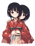  bar_censor black_eyes black_hair censored copyright_request futa_with_female futanari handjob incest japanese_clothes kimono long_sleeves multiple_girls no_testicles obi oekaki onija_tarou penis sash short_hair siblings simple_background twincest twins 