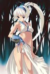  arrow blue_eyes blue_gloves bow_(weapon) covered_nipples gloves hairband highleg highleg_panties kawata_hisashi majikina_mina midriff panties ponytail samurai_spirits snk solo underwear weapon white_hair white_panties 