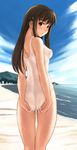  adjusting_clothes adjusting_swimsuit ass beach blush breasts brown_eyes brown_hair copyright_request covered_nipples day looking_back medium_breasts nipples one-piece_swimsuit outdoors see-through solo swimsuit yasuomi 