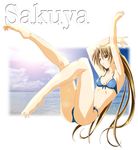  armpits arms_up artist_request bikini blue_eyes brown_hair character_name long_hair sakuya_(sister_princess) sister_princess solo swimsuit 