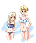  artoria_pendragon_(all) bikini bikini_pull blonde_hair blue_bikini blush dozepara fate/stay_night fate_(series) green_eyes illyasviel_von_einzbern lowleg lowleg_bikini multiple_girls navel red_eyes saber side-tie_bikini swimsuit white_bikini 