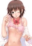  ;p bare_shoulders blush bow bowtie bra bra_lift breasts brown_eyes brown_hair collarbone cum cum_on_body cum_on_breasts cum_on_upper_body cumdrip facial lingerie medium_breasts navel nipple_slip nipples one_eye_closed open_clothes open_shirt original pink_bra school_uniform shihira_tatsuya shirt simple_background solo tongue tongue_out underwear upper_body 