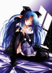  bed black_legwear blue_hair bow hair_bow highres len long_sleeves pointy_ears red_eyes ribbon solo thighhighs tsukihime yukirin 