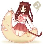  animal_ears artist_request barefoot cat_ears eighth_note full_body kousaka_tamaki long_sleeves lowres musical_note on_banana simple_background solo to_heart_2 white_background 