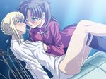  artoria_pendragon_(all) black_hair blonde_hair blouse couple eye_contact face-to-face fate/stay_night fate_(series) frottage imminent_kiss long_legs long_sleeves looking_at_another multiple_girls saber saliva saliva_trail sanshita thighhighs toosaka_rin yuri 