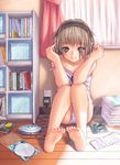  barefoot blue_eyes bob_cut book bookshelf brown_hair cd cd_player chemise curtains electric_socket feet hand_on_ear headphones indoors inou_shin leaning_back leg_hug original panties short_hair sitting smile solo squatting strap_slip sunlight toes underwear window wooden_floor 