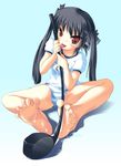  barefoot black_hair blue_panties bottomless bow cum feet golf golf_club gym_uniform hair_bow hair_ribbon kooh long_hair naughty_face no_pants pangya panties red_eyes ribbon safi sitting soles solo striped striped_panties toes twintails underwear 