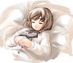  artist_request bob_cut brown_hair gun gunslinger_girl handgun henrietta_(gunslinger_girl) holding holding_gun holding_weapon long_sleeves pistol short_hair sig_sauer sig_sauer_p239 solo weapon 