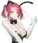  1girl animal_ears bare_shoulders black_leotard black_neckwear bow bowtie breasts bunny_ears cleavage cyphers detached_collar fake_animal_ears hand_up highres large_breasts leotard looking_at_viewer norunollu parted_lips playboy_bunny red_hair short_hair simple_background solo strapless strapless_leotard sydney_(cyphers) twintails upper_body white_background yellow_eyes 