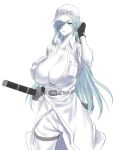  1girl belt black_gloves blue_hair breasts cabbie_hat cleavage collared_shirt colored_skin fingerless_gloves gloves grey_belt hair_over_one_eye hat hataraku_saibou holding holding_sword holding_weapon huge_breasts long_hair pale_skin sheath shirt sword u-1196 weapon white_blood_cell_(hataraku_saibou) white_skin white_uniform zucchini 