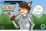  anthro armor band-aid bandage blood bodily_fluids breastplate canid canine conditional_dnp copper_(metal) english_text fox hair hud iron_(element) male mammal melee_weapon mountain nosebleed orenji_salmonpaw red_fox scale_armor signature smile solo steel_(metal) sword text video_games villalobossand1 weapon wounded 