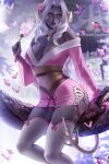  1girl au_ra bare_shoulders black_skin blurry blurry_background breasts bug butterfly cleavage colored_skin dragon_horns dragon_tail fan final_fantasy final_fantasy_xiv flower hair_flower hair_ornament horns insect japanese_clothes kimono large_breasts lips long_hair looking_at_viewer obi off_shoulder olchas parted_lips red_eyes sash scales sitting solo tail thighhighs white_hair white_legwear yukata 