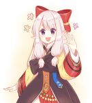  1girl :d bangs black_bow blush bow brown_background eyebrows_visible_through_hair floral_background gradient gradient_background hair_bow hanbok hand_up high_priest_(ragnarok_online) highres korean_clothes light_(luxiao_deng) long_hair long_sleeves looking_at_viewer open_mouth pointy_ears puffy_long_sleeves puffy_sleeves purple_eyes ragnarok_online red_bow silver_hair smile solo white_background 
