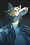  anthro beastars better_version_at_source black_nose canid canine canis clothed clothing fangs fur grey_body grey_fur hi_res legoshi_(beastars) light lighting male mammal multicolored_body multicolored_fur open_mouth paint shirt signature solo teeth topwear two_tone_body two_tone_fur weiwenming white_body white_fur wolf 