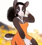  antelope anthro artxvibe blue_eyes bovid bovine braided_hair clothed clothing curled_hair digital_media_(artwork) dress ear_piercing ear_ring female fur hair hi_res impala josephine_vasquez looking_at_viewer mammal multicolored_body multicolored_fur piercing pink_nose simple_background solo 