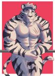  2021 abs absurd_res anthro biceps clothing felid fur green_eyes hair headgear headwear hi_res male mammal muscular muscular_anthro muscular_male naikuma nipples nude pantherine pecs scar simple_background solo stripes tiger white_body white_fur 
