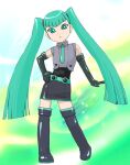  1girl bare_shoulders black_legwear boots breasts cosplay detached_sleeves dress drossel_von_flugel fireball_(series) full_body fusion green_eyes green_hair hair_ornament hand_on_hip hatsune_miku hatsune_miku_(cosplay) long_hair looking_at_viewer necktie open_mouth skirt sleeveless solo standing thigh_boots thighhighs twintails ueyama_michirou vocaloid 