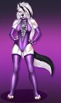  absurd_res anthro black_body black_fur canid canine canis clothing confident female fur hair hi_res latex_armwear latex_corset latex_stockings long_hair mammal pinup pose red_eyes rubber rubber_suit sexualdoggo smile smirk solo white_body wolf 