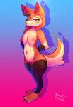  absurd_res anthro belly canid canine canis clothing fan_character featureless_crotch fishnet fur girly hi_res invalid_tag legwear looking_at_viewer male mammal orange orange_body orange_fur plantigrade quincy redeyes smolspearrow stockings suggestive thick_thighs wolf 