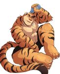  2021 abs anthro bodily_fluids chest_tuft clothing felid hi_res male mammal muscular muscular_anthro muscular_male nipples one_eye_closed pantherine pecs pouring pouring_onto_self simple_background sitting solo sweat tiger tuft underwear vitashi water water_bottle white_background 