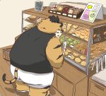  2021 anthro biped bottomwear bread butt clothing detailed_background felid food hi_res hon55728 kemono male mammal overweight overweight_male pantherine shirt shorts solo tiger topwear 