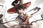  1other androgynous black_eyes black_hair calligraphy_brush detached_sleeves enraku_tsubakura hat hemo_(hemoroda) holding holding_brush holding_paintbrush ink large_hat len&#039;en paintbrush red_ribbon ribbon short_hair solo top_hat 