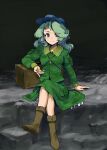  1girl boots box brown_footwear camouflage commentary_request crossed_legs ebizome eyebrows_behind_hair full_body green_eyes green_hair green_skirt hair_over_one_eye hat highres key petticoat pouch sitting skirt solo touhou yamashiro_takane 