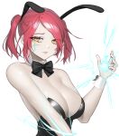  1girl animal_ears bare_shoulders black_leotard black_neckwear bow bowtie breasts bunny_ears cleavage cyphers detached_collar fake_animal_ears hand_up highres large_breasts leotard looking_at_viewer norunollu parted_lips playboy_bunny red_hair short_hair simple_background smile solo strapless strapless_leotard sydney_(cyphers) twintails upper_body white_background yellow_eyes 