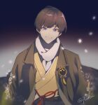  1boy alternate_hair_color black_survival blue_eyes brown_hair gradient gradient_background highres looking_at_viewer male_focus pawoo_username smile solo traditional_clothes yuki_(black_survival) yurikaruby 