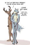  2021 anthro anthro_on_anthro antlers balls beastars birthday canid canine canis cervid covering covering_crotch dialogue duo english_text ffog flaccid foreskin genitals hand_on_shoulder hi_res horn humanoid_genitalia humanoid_penis legoshi_(beastars) looking_at_another louis_(beastars) male male/male mammal navel nude penis scar simple_background standing tailwag text uncut white_background wolf 