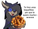  &lt;3 2021 anthro blue_sclera bread canid canine canis clothed clothing dialogue female fingerless_gloves food gloves hair handwear hat headgear headwear humor lenyavok looking_at_viewer mammal offering_to_viewer open_mouth open_smile oriana_thaffer simple_background smile solo spanish_text talking_to_viewer text translated white_background witch_hat wolf 
